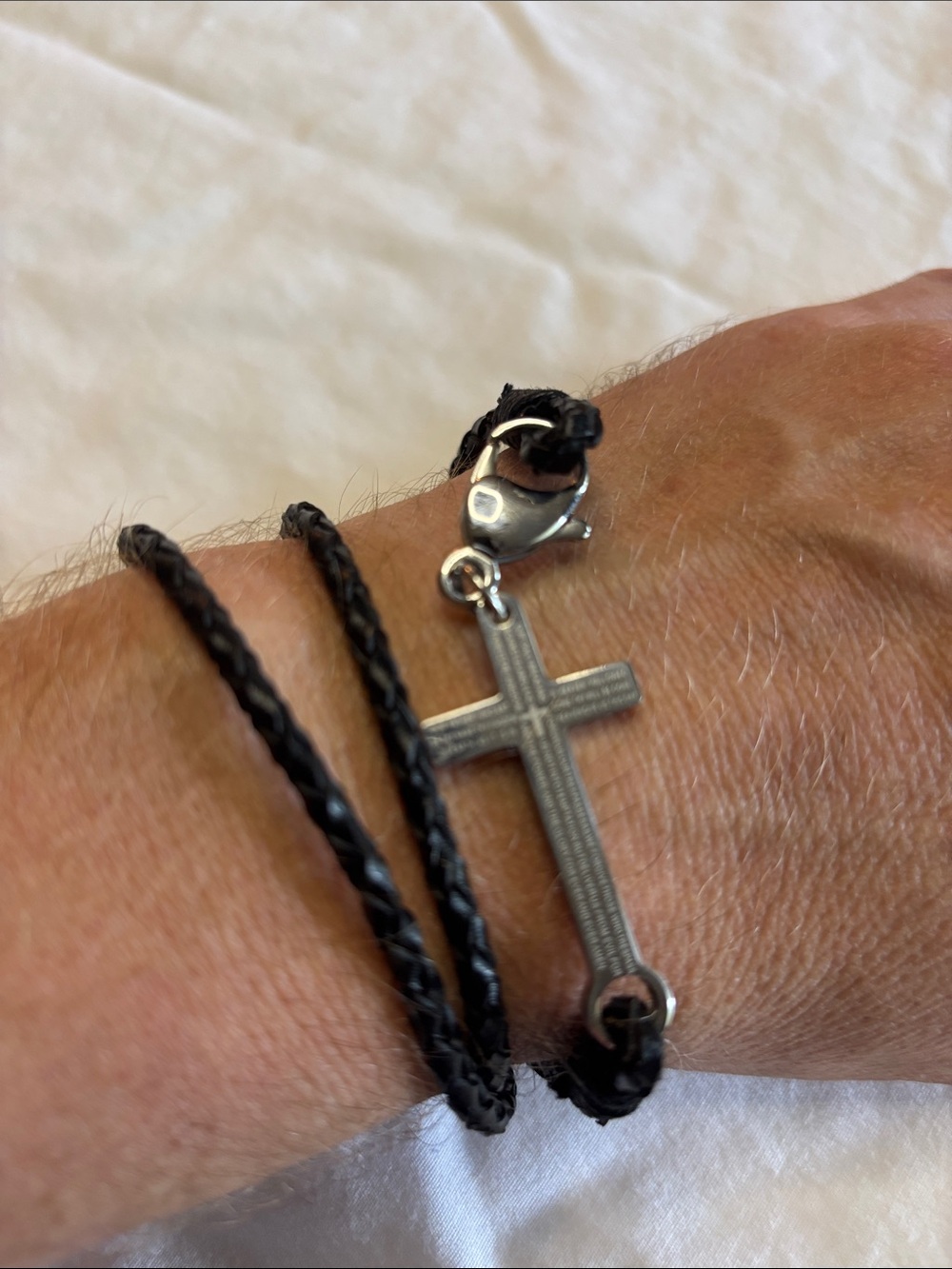 lord’s prayer, engraved Braided Leather Cross Wrap Bracelet - black